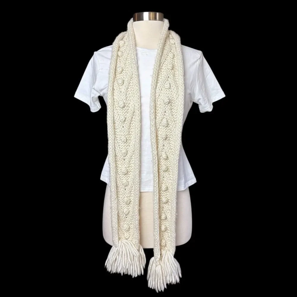 Vintage Y2K Abercrombie Cream Wool Blend Long Scarf Pom Pom & Fringe Details
